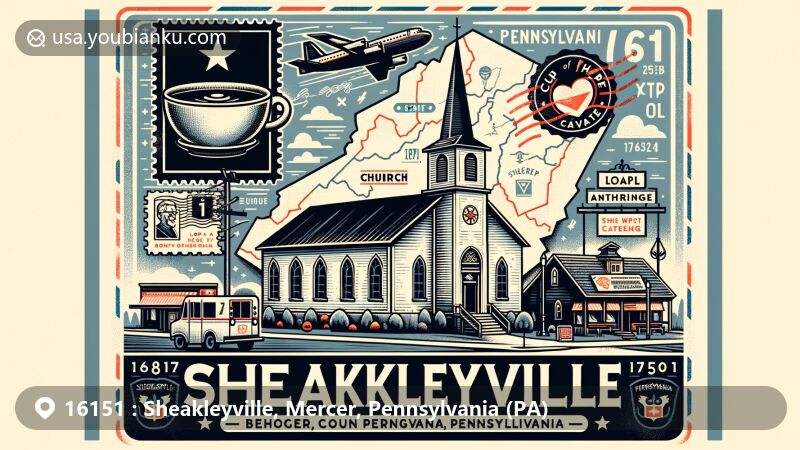 Modern illustration of Sheakleyville, Mercer County, Pennsylvania, showcasing geographical features, local landmarks, and postal elements with ZIP code 16151, including church, Cup of Hope Cafe, and vintage postal symbols.
