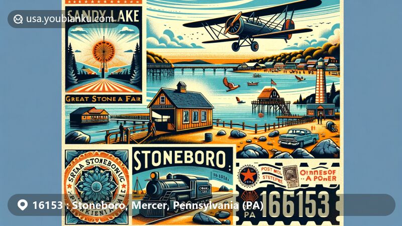 Modern illustration of Stoneboro, Pennsylvania, showcasing Sandy Lake, the Great Stoneboro Fair, coal mining symbols, and postal elements with ZIP code 16153.