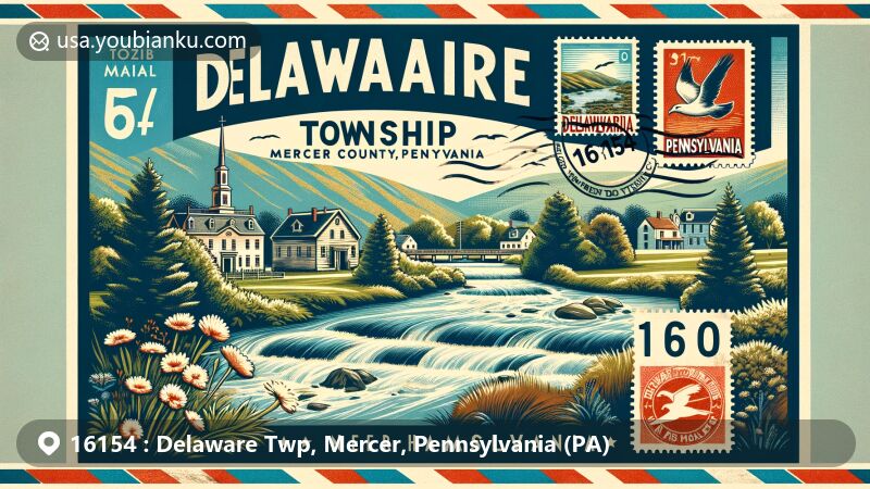 Modern illustration of Delaware Township, Mercer County, Pennsylvania, highlighting scenic views at New Hamburg along a creek within an air mail envelope border, with ZIP code 16154 and Pennsylvania postal stamps.