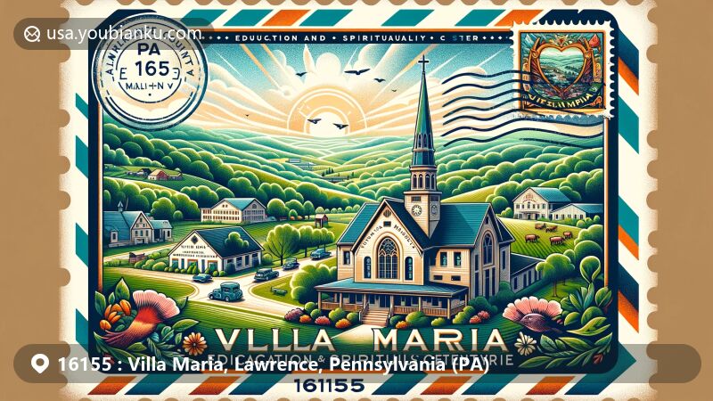 Modern illustration of Villa Maria, Lawrence County, Pennsylvania, featuring Villa Maria Education and Spirituality Center and Villa Maria Farm, showcasing dedication to education, spirituality, and agriculture.