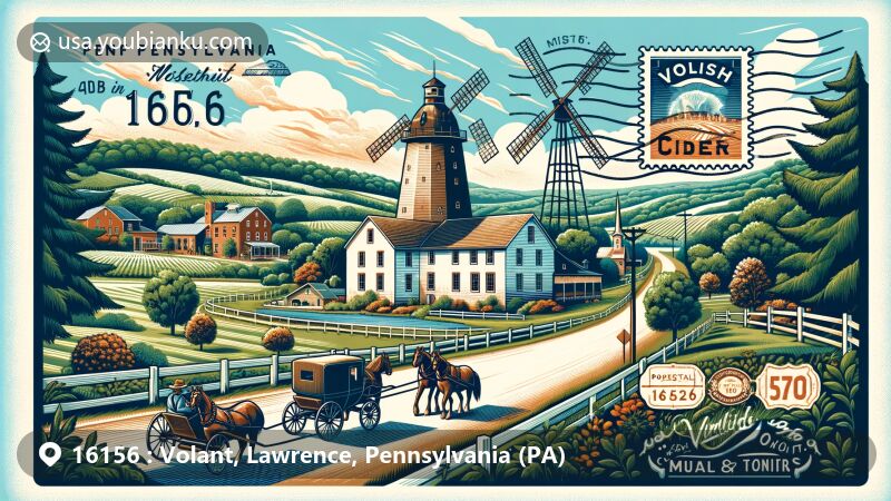 Modern illustration of Volant, Lawrence County, Pennsylvania, showcasing historic Volant Mill, Amish countryside, wineries like Knockin Noggin Cidery & Winery, and serene landscapes with Amish horse-drawn carriages, emphasizing cultural heritage and postal theme with vintage-style postage stamp.