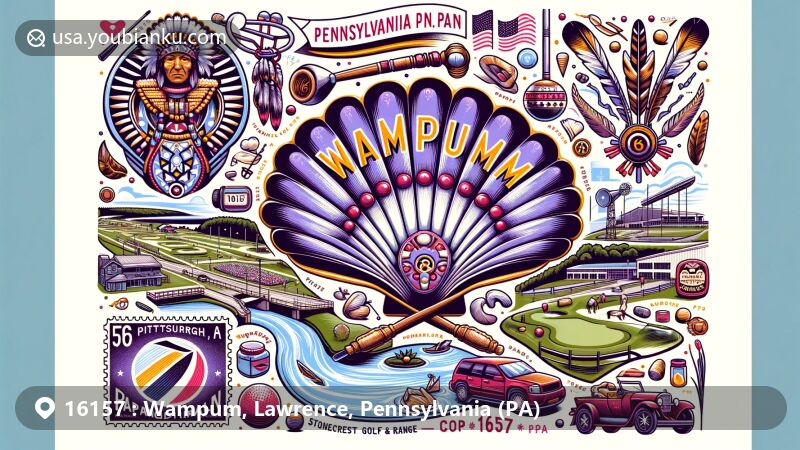 Modern illustration of Wampum, Pennsylvania (PA), showcasing Native American heritage and postal theme with wampum beads in white and purple, featuring landmarks like Pittsburgh International Race Complex and golfing at Stonecrest Golf Course & Del Mar Golf Course Inc.