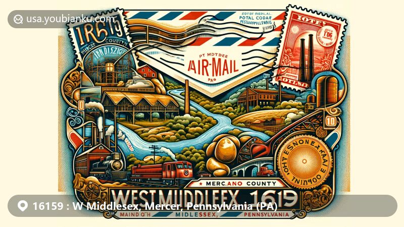 Modern illustration of West Middlesex, Mercer County, Pennsylvania, featuring vintage airmail envelope with Mercer County map, iron industry symbols, Neshannock potatoes, Shenango River stamp, and postal mark 'W Middlesex, PA 16159'.
