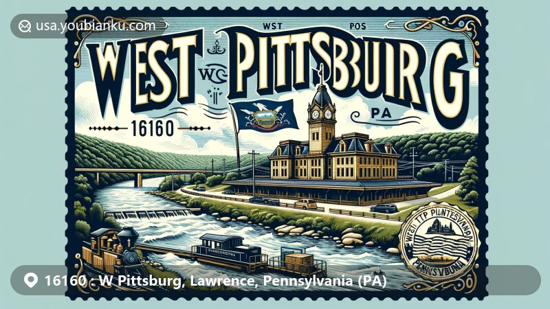 Modern illustration of West Pittsburg, Lawrence County, Pennsylvania, featuring geographical elements of Beaver River valley and West Pittsburg P&LE Station, alongside postal theme with vintage-style postcard layout showcasing Pennsylvania state flag, 'West Pittsburg, PA 16160' postal mark, and stylized ZIP code '16160'.