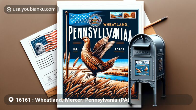 Modern illustration of Wheatland, Mercer, Pennsylvania, featuring Shenango River, PA state symbols Ruffed Grouse and Mountain Laurel, with classic American mailbox, all in vibrant colors.