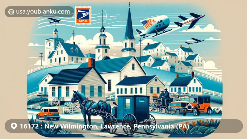 Modern illustration of New Wilmington, Lawrence County, Pennsylvania, blending Amish community with postal theme, featuring horse-drawn buggies, white houses, and air mail envelope with ZIP code 16172.
