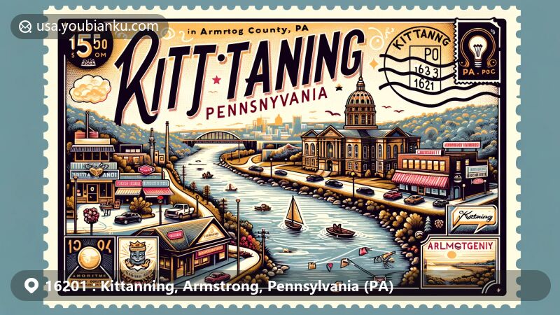 Modern illustration of Kittanning, Pennsylvania, featuring postcard design with ZIP code 16201, including Armstrong County map, Allegheny River, County Courthouse, Allegheny Mariner restaurant, and Armstrong Stadium.