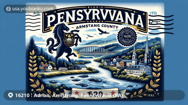 Modern illustration of Adrian, Armstrong County, Pennsylvania, portraying ZIP code 16210, showcasing Allegheny River and Pennsylvania state flag, integrating postal elements and vintage postcard design.