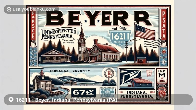 Modern illustration of Beyer, Indiana County, Pennsylvania, showcasing postal layout with ZIP code 16211, featuring rural landscapes, vintage postcard design, and Pennsylvania state symbols.