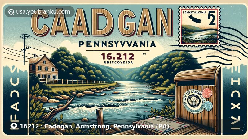 Modern illustration of Cadogan community in Armstrong County, Pennsylvania, featuring postal heritage and Allegheny River, with vintage-style postcard showcasing ZIP code 16212 and elements like stamps and mailbox.