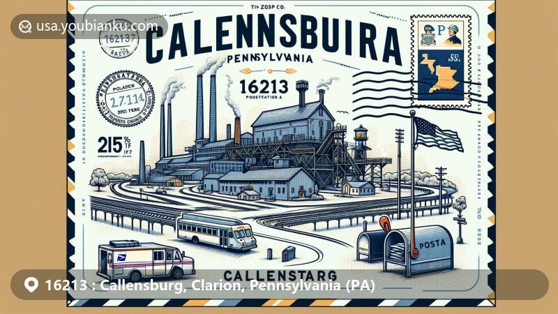 Modern illustration of Callensburg, Pennsylvania, showcasing postal theme with ZIP code 16213, featuring Buchanan Furnace and Pennsylvania state symbols.