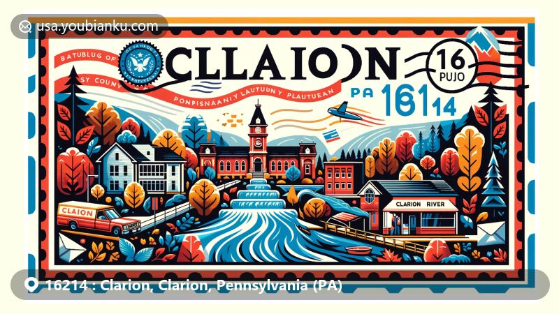 Modern illustration of Clarion, Pennsylvania, showcasing postal theme with ZIP code 16214, featuring the Clarion River and Autumn Leaf Festival.