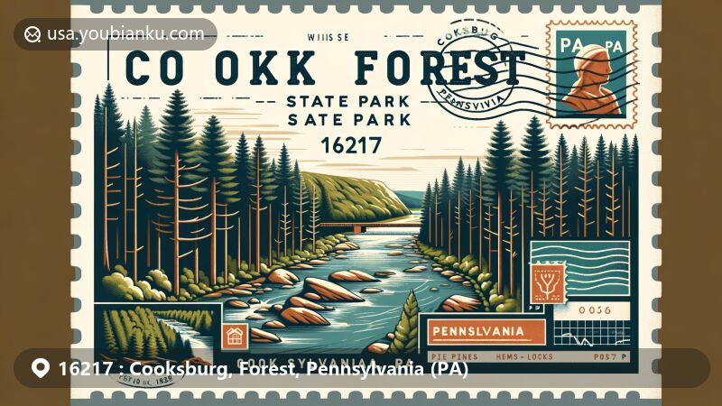 Modern illustration of Cooksburg, Forest, Pennsylvania, displaying lush ancient forests and scenic Clarion River in Cook Forest State Park, with postcard design featuring postal theme with ZIP code 16217 and PA state abbreviation.