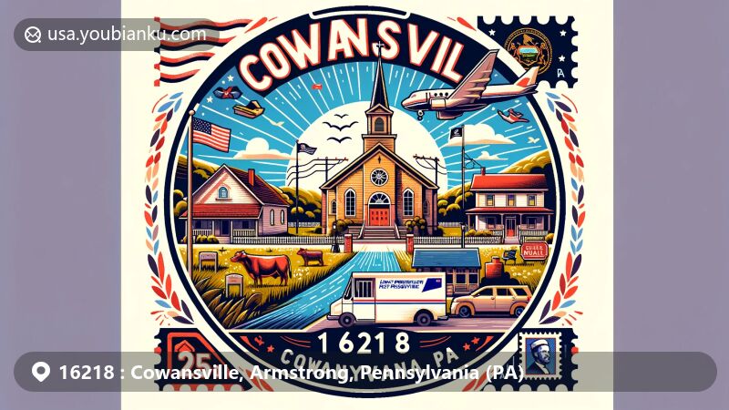 Modern illustration of Cowansville, Armstrong County, Pennsylvania, featuring ZIP code 16218, showcasing Union First Presbyterian Church and Pennsylvania state flag in a postcard-inspired design.
