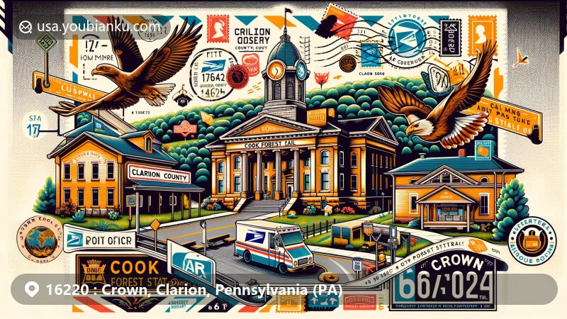 Modern illustration of the Crown area, Clarion County, Pennsylvania, featuring iconic landmarks like the Clarion County Courthouse and Jail, Cook Forest State Park, and the local post office, designed as a contemporary postcard with stamps, postmark, and ZIP code 16220.
