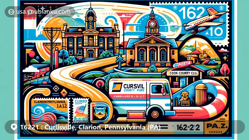 Modern illustration of Curllsville, Pennsylvania, showcasing the essence of Clarion County with landmarks such as the Courthouse, Cook Forest State Park, and Foxburg Country Club, featuring a postal theme with iconic PA symbols.