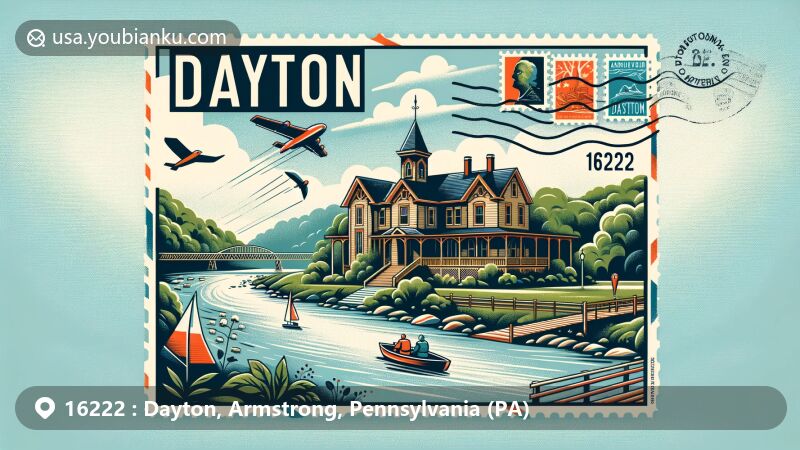 Modern illustration of Dayton, Armstrong County, Pennsylvania, featuring ZIP code 16222, highlighting Thomas Marshall House and Armstrong Trails, connecting nature and history.