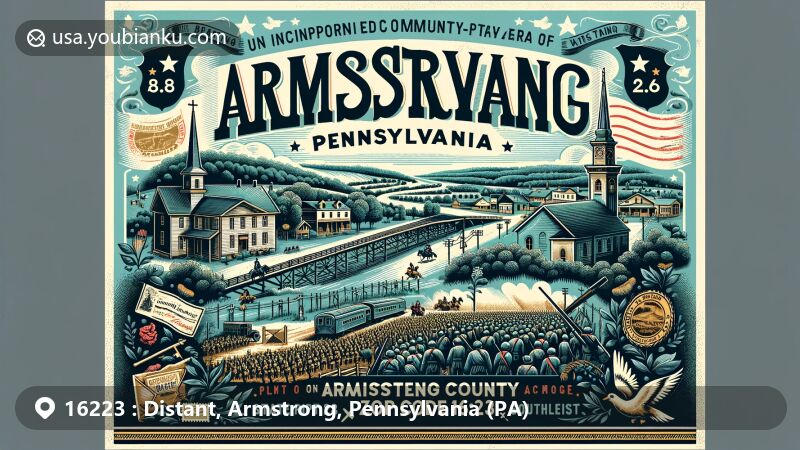 Modern illustration of Distant, Armstrong County, Pennsylvania, featuring ZIP code 16223, showcasing geographical location on state routes 28 and 66, referencing Battle of Kittanning and historical significance.