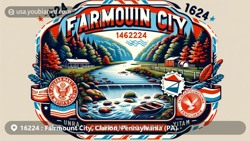 Modern illustration of Fairmount City, Clarion County, Pennsylvania, inspired by ZIP code 16224, featuring scenic Redbank Creek, forests, and rural essence. Design incorporates classic postal theme with vintage air mail envelope, stamps, and ZIP code, capturing small-town charm and Pennsylvania symbolism.