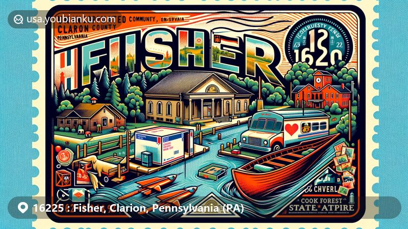 Modern illustration of Fisher, Clarion County, Pennsylvania, resembling a postcard or air mail envelope, featuring Clarion County Courthouse and Jail, Cook Forest State Park, postal elements, and ZIP code 16225.