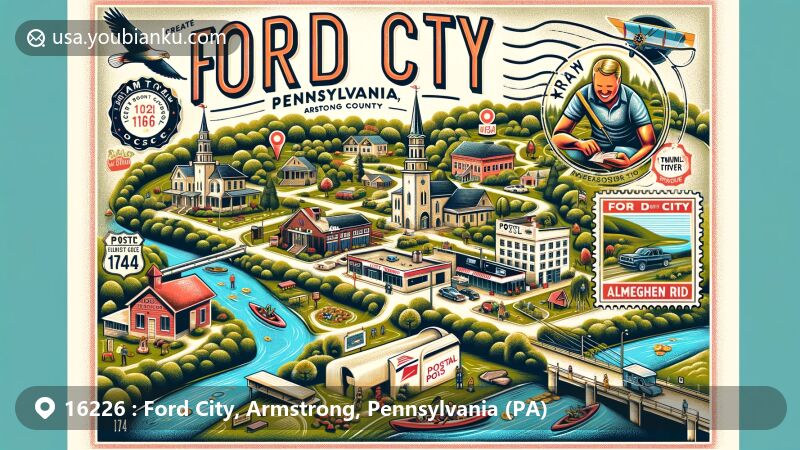 Modern illustration of Ford City, Pennsylvania, showcasing postal theme with ZIP code 16226, featuring the Allegheny River, outdoor activities, and the Lenape Golf Resort.
