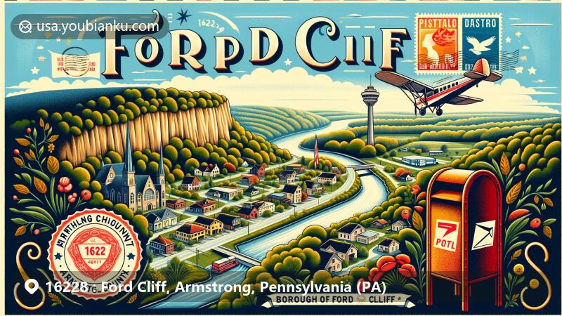 Modern illustration of Ford Cliff, Pennsylvania, featuring Allegheny River valley backdrop, vintage air mail envelope with Pennsylvania, Armstrong County, and Ford Cliff stamps, ZIP code 16228, and traditional postal mark.