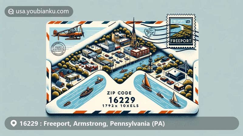 Modern illustration of Freeport, Pennsylvania, highlighting outdoor activities, local business district, and ZIP code 16229 with aerial envelope design.