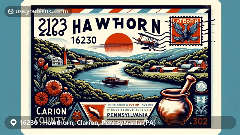 Modern illustration of Hawthorn, Clarion County, Pennsylvania, with scenic Redbank Creek, vintage pottery nod to historical industry, and framed in air mail envelope theme featuring ZIP code 16230 and Pennsylvania outline.