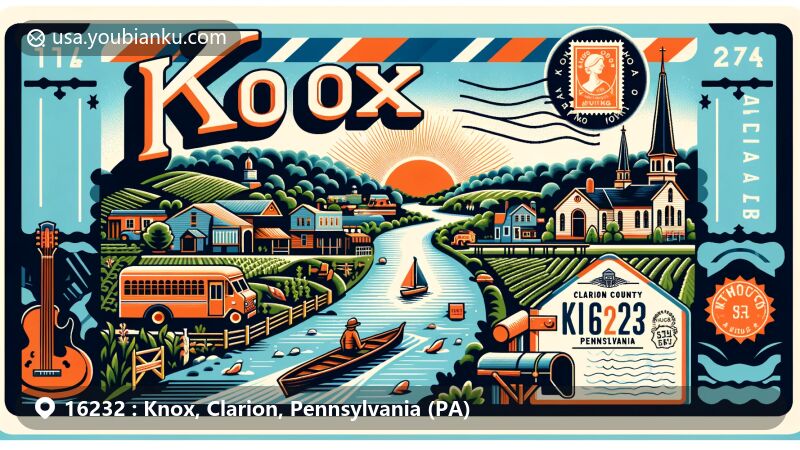 Contemporary illustration of Knox, Clarion County, Pennsylvania, capturing the essence of ZIP code 16232 with rural charm, Clarion River, small-town ambiance, local wineries, and postal elements like stamps, postmark, and vintage delivery truck.