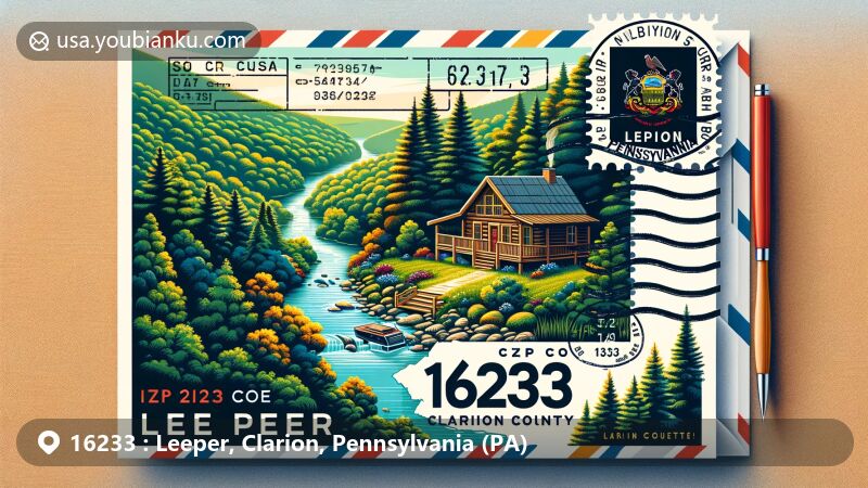 Vibrant illustration of Leeper, Clarion County, Pennsylvania, featuring a cabin in a forest near Cook Forest State Park and Clarion River. Includes Pennsylvania state flag, Clarion County outline, and postal elements with ZIP code 16233.