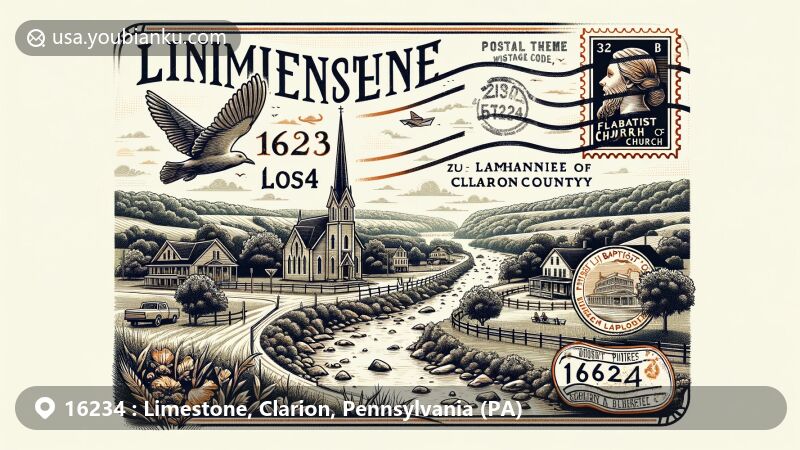 Modern illustration of Limestone, Clarion County, Pennsylvania, showcasing postal theme with ZIP code 16234, featuring the First Baptist Church, vintage postcard design, and postal cancellation mark.