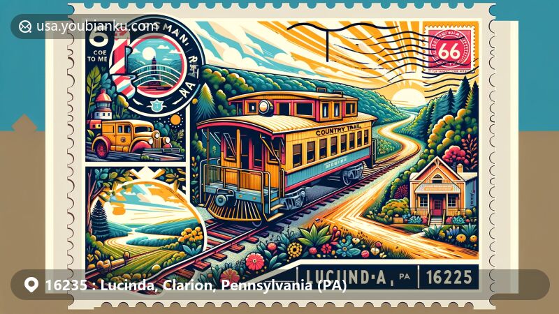 Modern illustration of Lucinda, Pennsylvania, blending postal elements with artistic flair, featuring Rail 66 Country Trail and historic caboose, showcasing four seasons and local beauty, incorporating Lucinda's outline and Pennsylvania symbols.