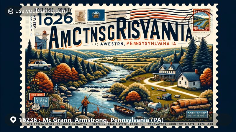 Modern illustration of Mc Grann, Armstrong County, Pennsylvania, representing ZIP code 16236 with rural charm, featuring local creeks, state parks, forests, and small-town vibe.
