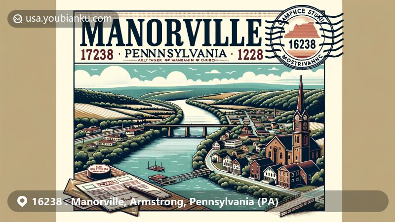 Modern illustration of Manorville, Armstrong County, Pennsylvania, featuring scenic Allegheny River view, town's historical landmarks, and vintage postcard with ZIP code 16238.