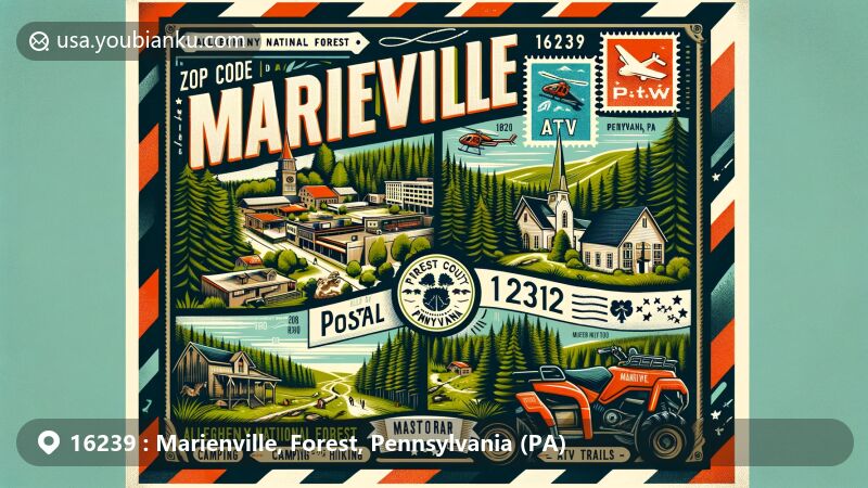 Modern illustration of Marienville, Forest County, Pennsylvania, showcasing postal theme with ZIP code 16239, highlighting lush greenery and recreational areas of Allegheny National Forest, including camping, hiking, and wildlife observation spots.