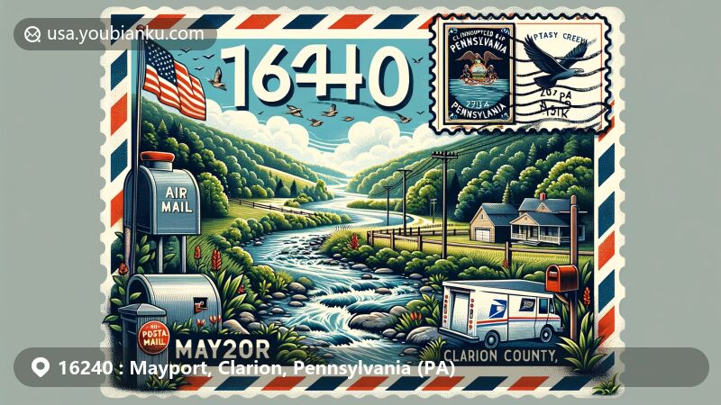 Modern illustration of Mayport, Clarion County, Pennsylvania, framed within a vintage air mail envelope, featuring ZIP code 16240, Pennsylvania state flag, and postal elements like a mailbox and a postal van.