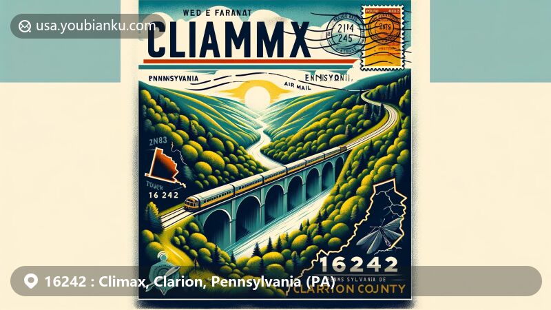 Modern illustration of Climax, Clarion, Pennsylvania, showcasing postal theme with ZIP code 16242, highlighting Climax Tunnel and Clarion County silhouette.