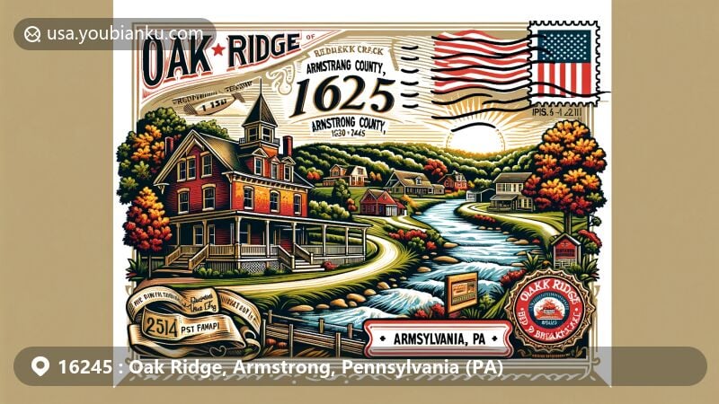 Modern illustration of Oak Ridge, Armstrong County, Pennsylvania, highlighting Redbank Creek's natural beauty and the historic Brick House Bed and Breakfast.