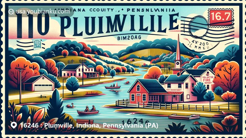 Modern illustration of Plumville, Indiana County, Pennsylvania, showcasing postal theme with ZIP code 16246, featuring local fire department and rural landscape.