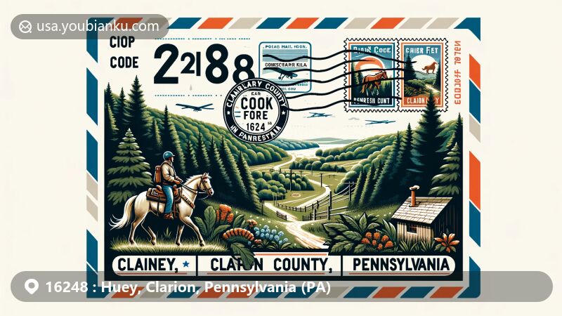 Modern illustration of Huey, Clarion County, Pennsylvania, highlighting outdoor activities and postal theme with ZIP code 16248, featuring Cook Forest Area for horseback riding and scenic trails.