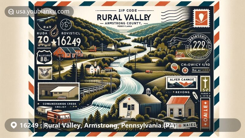 Modern illustration of Rural Valley, Armstrong County, Pennsylvania, featuring Cowanshannock Creek, Allegheny River, and Silver Canoe Campground, styled like a postcard with postal elements and ZIP code 16249.