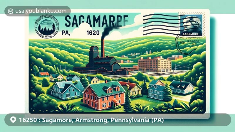 Modern illustration of Sagamore, PA 16250, featuring Allegheny National Forest's outdoor recreation vibe and Sagamore's coal mining heritage.