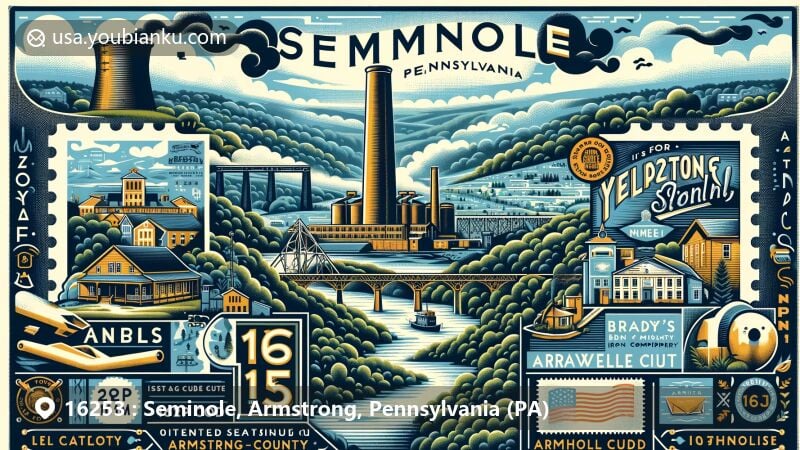 Modern illustration of Seminole, Pennsylvania, with ZIP code 16253, featuring landmarks like Yellow Dog Village, Bradys Bend Iron Company Furnaces, and Colwell Cut Viaduct, capturing Armstrong County's historical and industrial heritage.