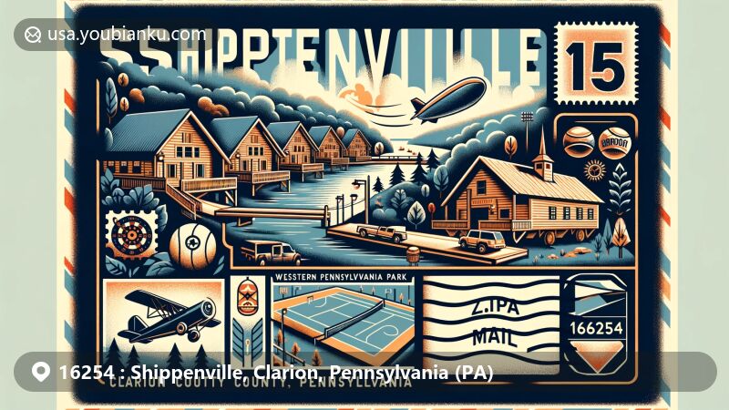 Modern illustration of Shippenville, Clarion County, Pennsylvania, portraying a creative postcard or air mail envelope concept, highlighting Clarion Riverhill Cabins and Clarion County Park, with postal elements and ZIP code 16254.