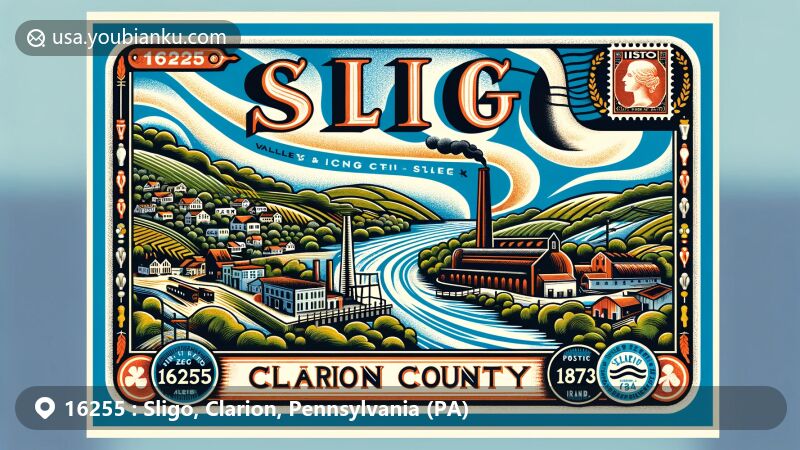 Modern illustration of Sligo, Clarion County, Pennsylvania, highlighting postal theme with ZIP code 16255, featuring the historic Sligo Furnace, Licking Creek valley, and Irish heritage.