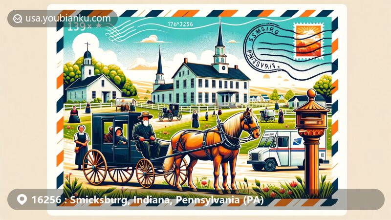 Modern illustration of Smicksburg, Indiana, Pennsylvania, featuring Amish community and Old Smicksburg Park, with Amish buggies, traditional attire, trees, and postal elements like stamp and ZIP Code 16256.