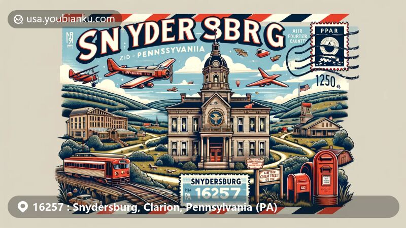 Modern illustration of Snydersburg, Pennsylvania, showcasing postal theme with ZIP code 16257, featuring Clarion County landmarks like Courthouse, Cook Forest State Park, Rail 66 Country Trail, and Pennsylvania state symbols.