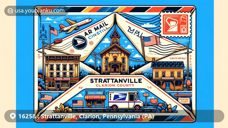 Creative illustration of Strattanville, Clarion County, Pennsylvania, blending modern style with postal elements, featuring landmarks like the American Legion in a former school house and the original store at the corner of Market St. and Main St., along with symbols of Pennsylvania and postal service.