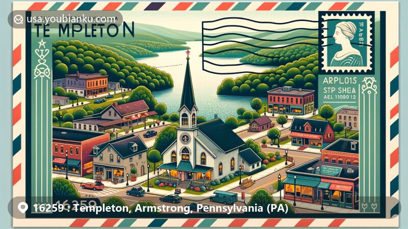 Modern illustration of Templeton, Armstrong County, Pennsylvania, portraying small-town charm at the Appalachian Mountains' foothills, highlighting local amenities and scenic lake views, with St. Mary's Redbank Church as a focal point.
