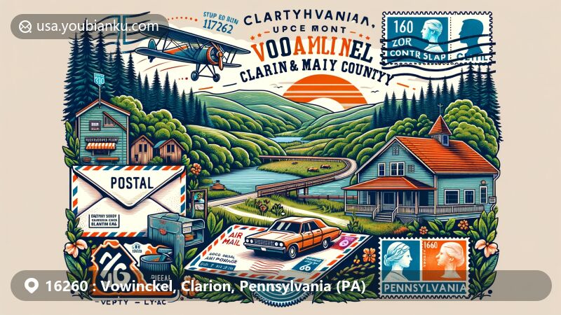 Modern illustration of Vowinckel, Clarion County, Pennsylvania, showcasing postal theme with ZIP code 16260, featuring Pennsylvania Route 66, vintage air mail elements, and serene forest backdrop.